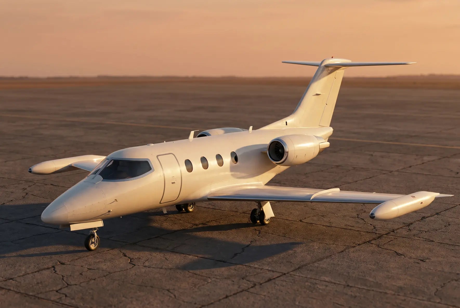 A sleek Aérospatiale SN 601 Corvette jet on an airport tarmac during sunset, showcasing its streamlined design and twin engines.