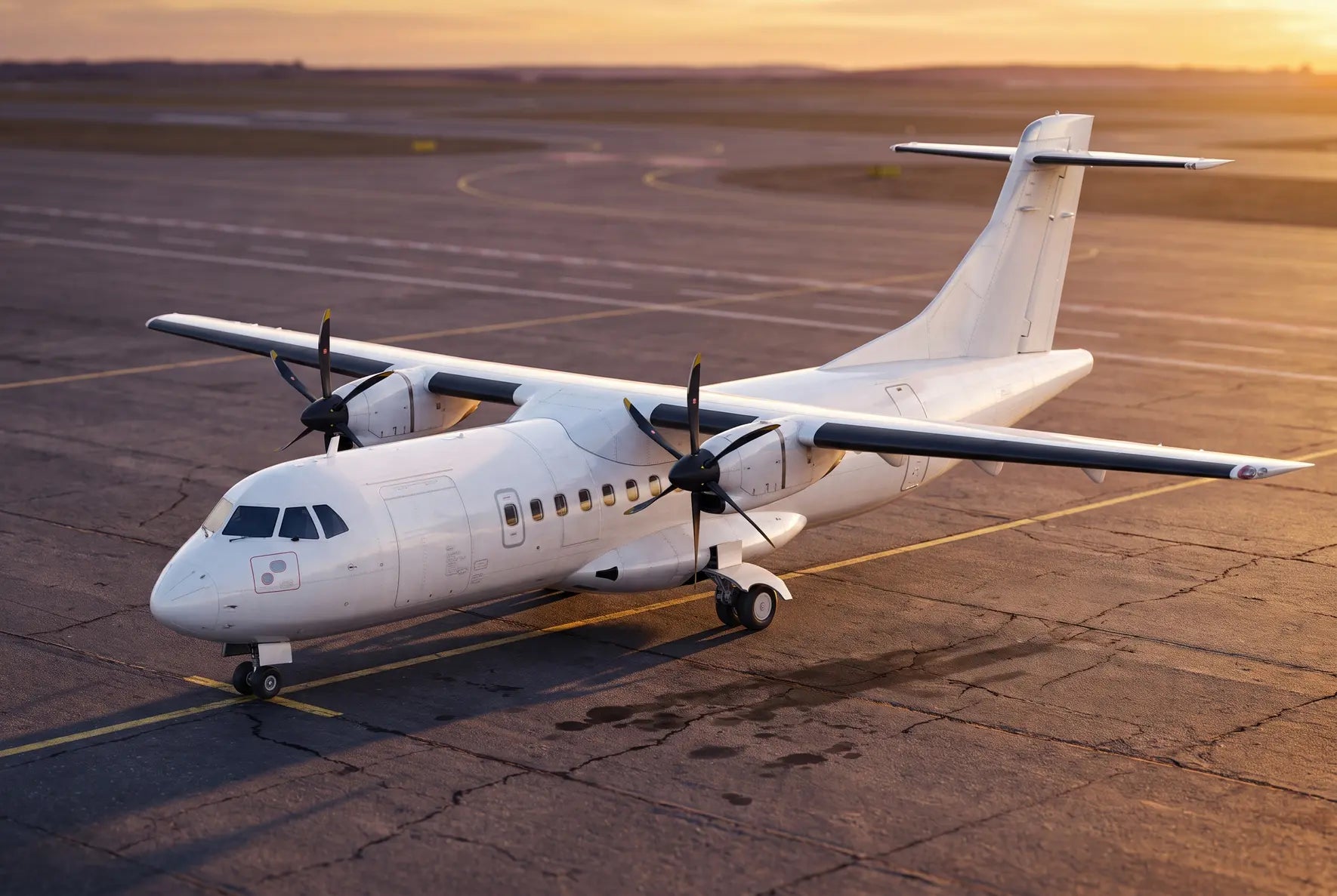 ATR 42-320 aircraft on an empty tarmac, viewed at sunset with a clear sky, highlighting its propellers and streamlined design.