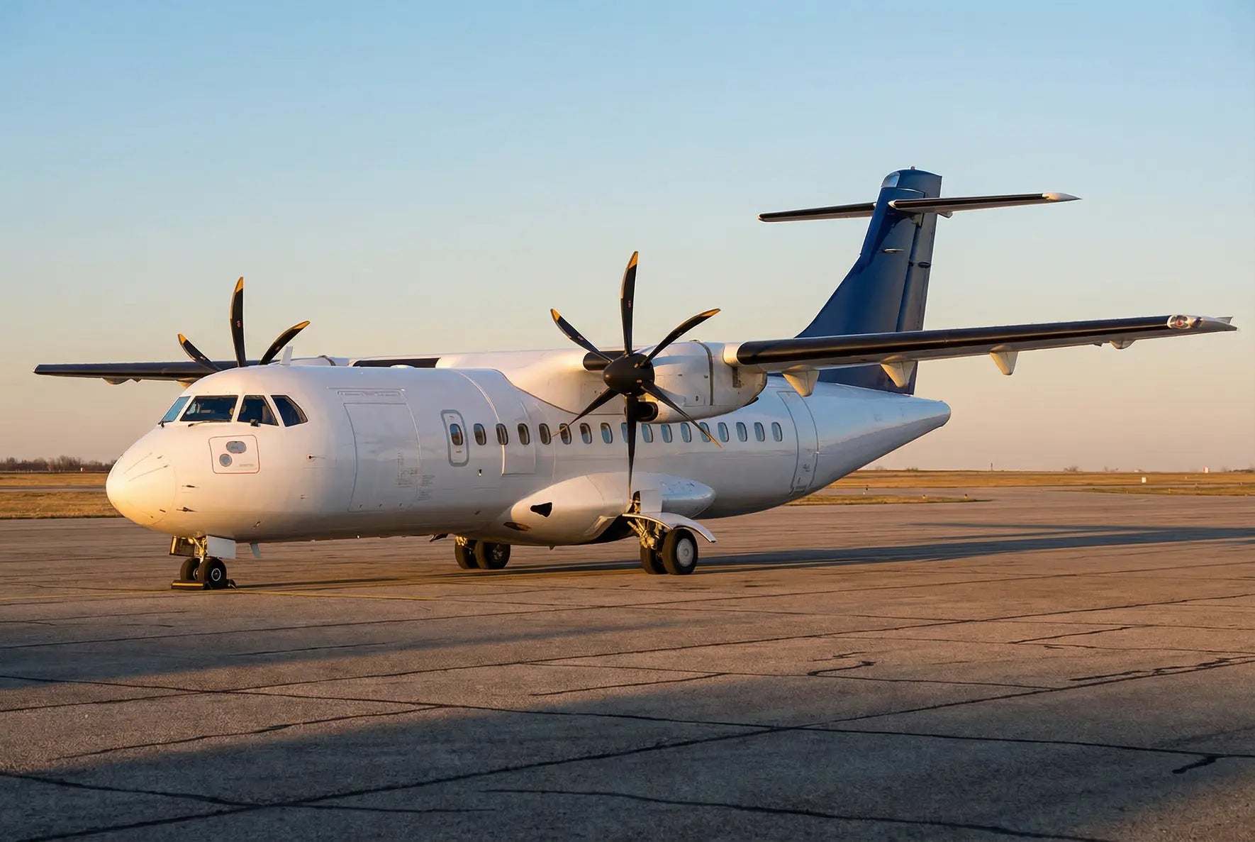 ATR 42-400 aircraft parked on a runway under clear skies, featuring two propellers and a sleek fuselage design.