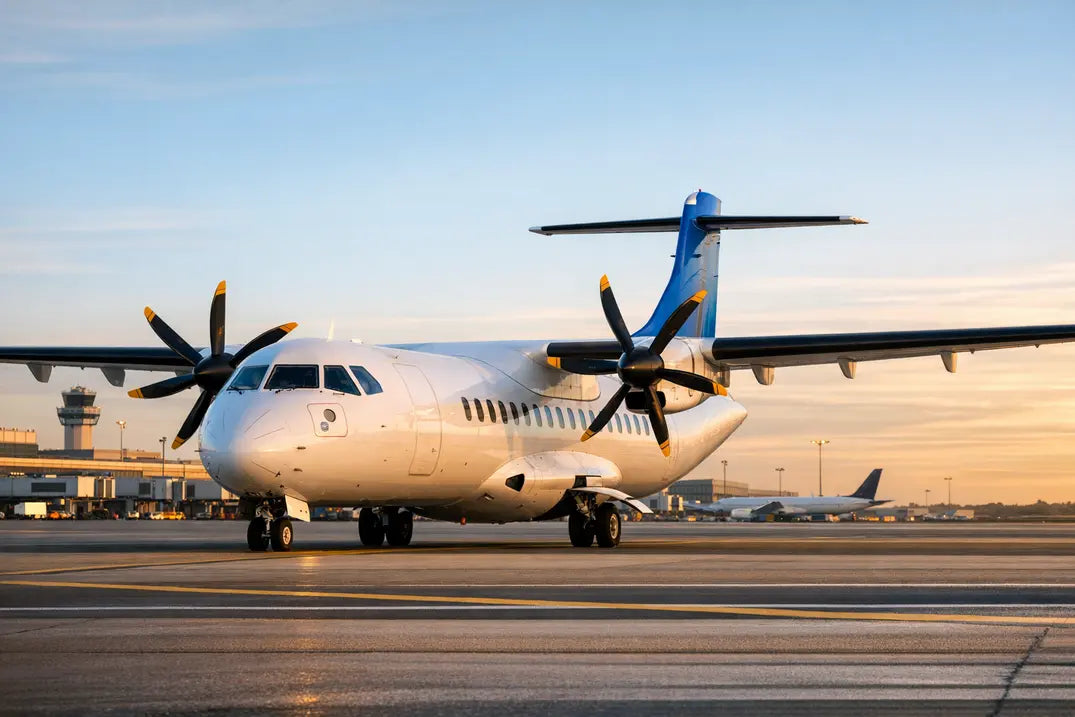 ATR 72-210 regional turboprop aircraft parked on the airport tarmac at sunset with terminal and control tower in the background.