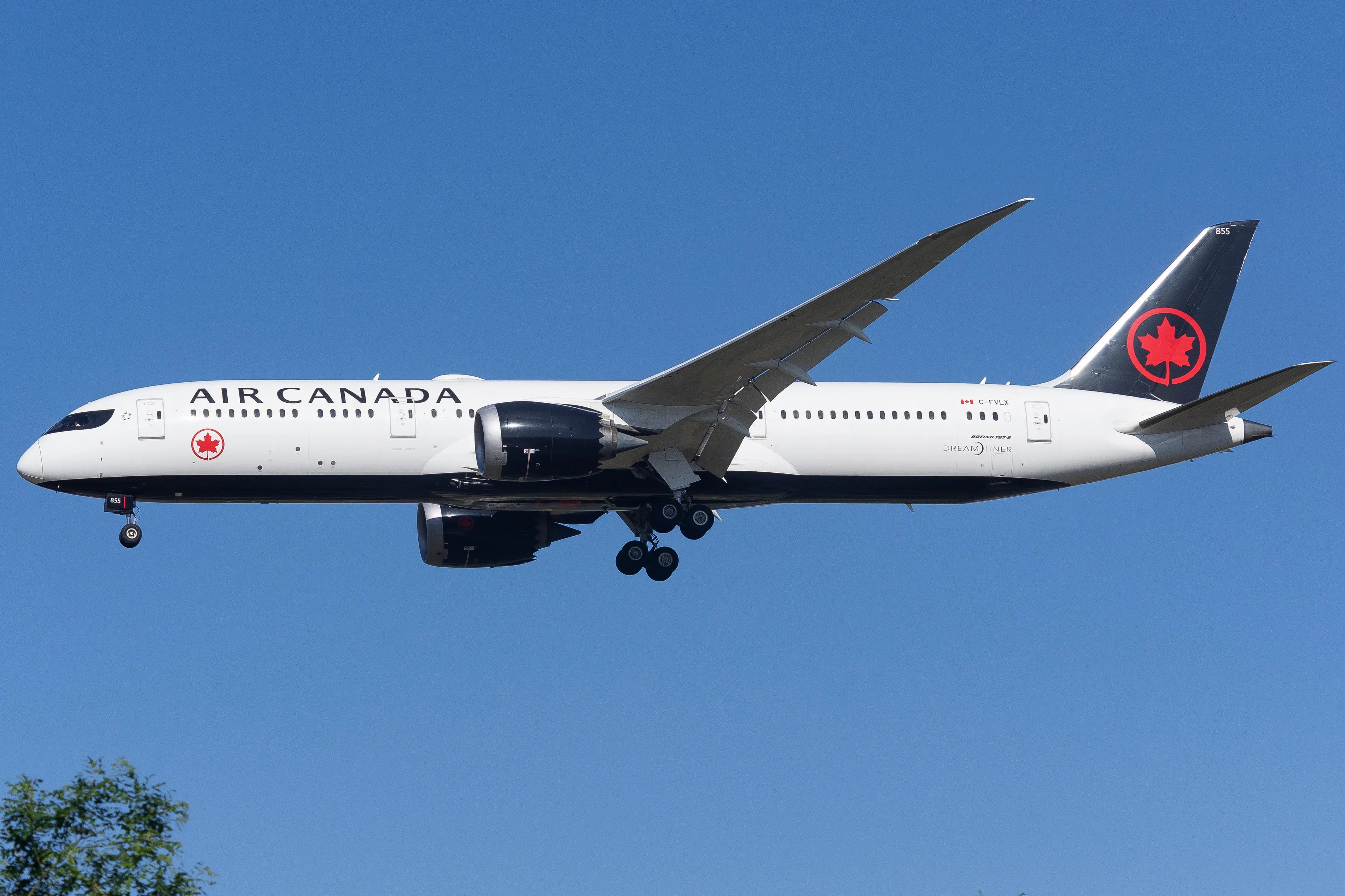 Air Canada Boeing 787 Dreamliner in flight against a clear blue sky, with landing gear down and red maple leaf logo on the tail.