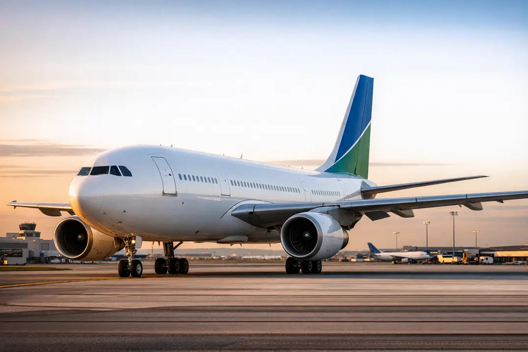 Airbus A300B4-200 on a runway during sunrise, with engines and landing gear visible, parked near a terminal with other aircraft in the background.