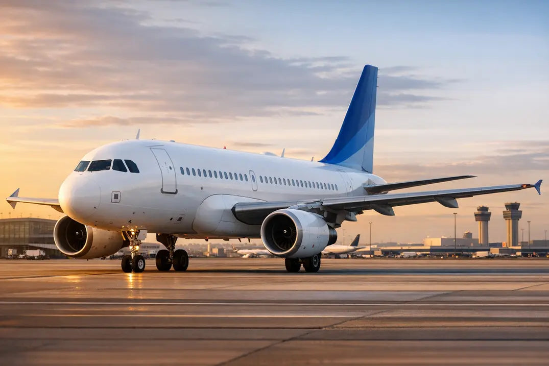 Airbus A319-100 aircraft parked on an airport tarmac at sunset with control towers and terminal buildings in the background.