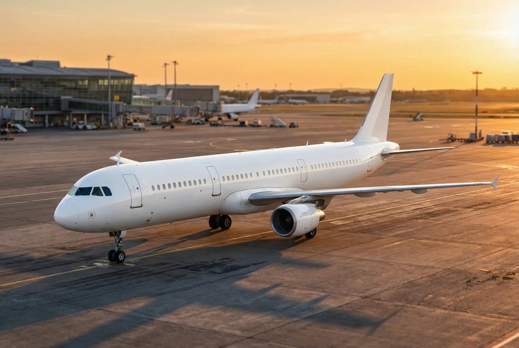 An Airbus A321-100 on the tarmac at an airport during sunset, with terminal buildings visible in the background.