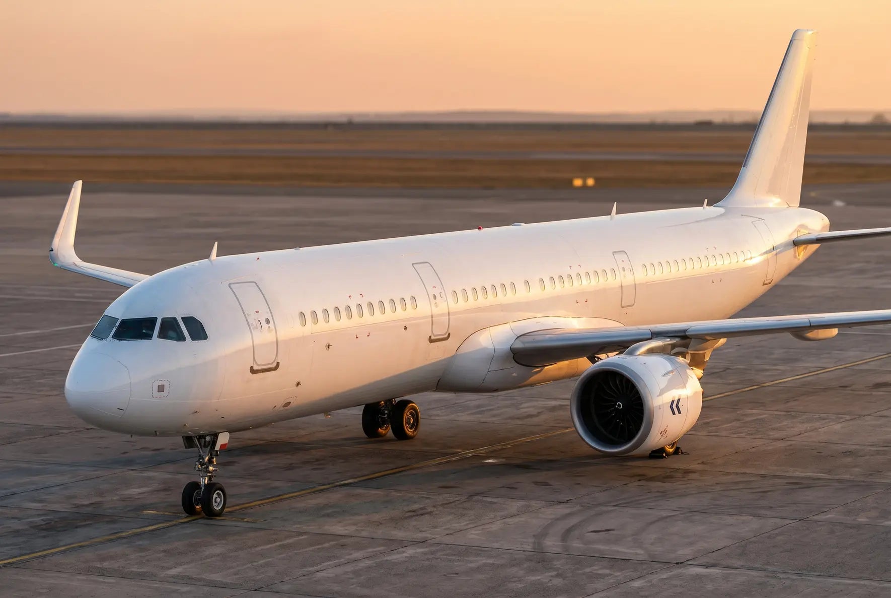 Airbus A321neo airplane on the tarmac during sunset, with a focus on its fuselage and engines.