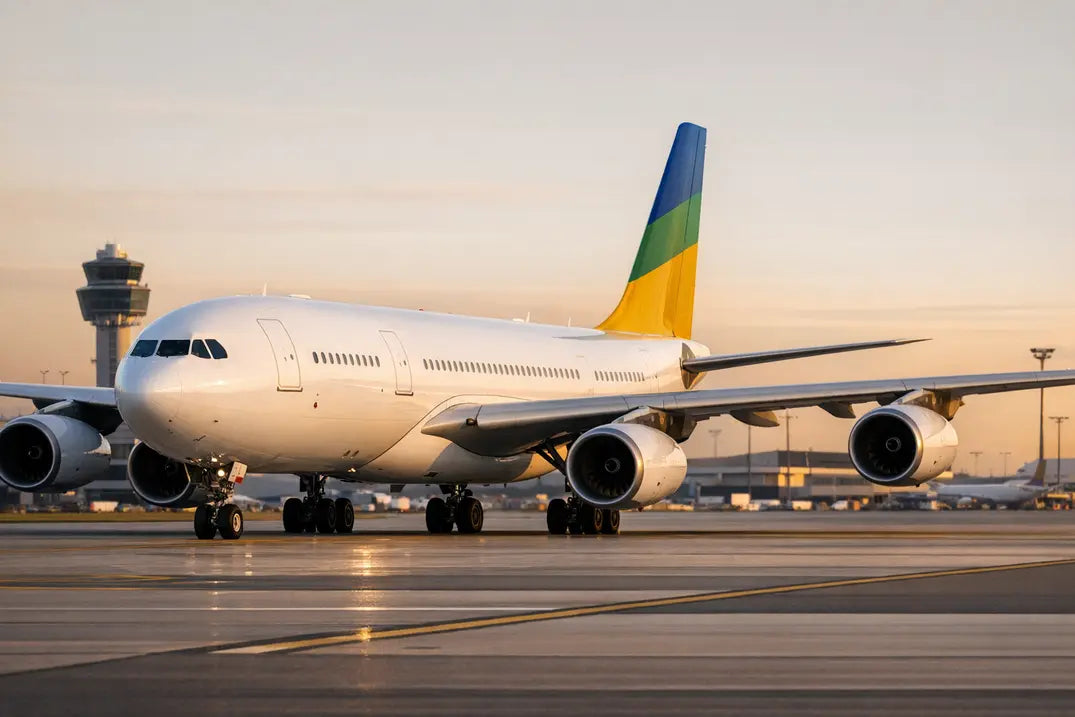 An Airbus A340-200 aircraft on the tarmac during sunset, with a colorful vertical stabilizer and airport control tower in the background.