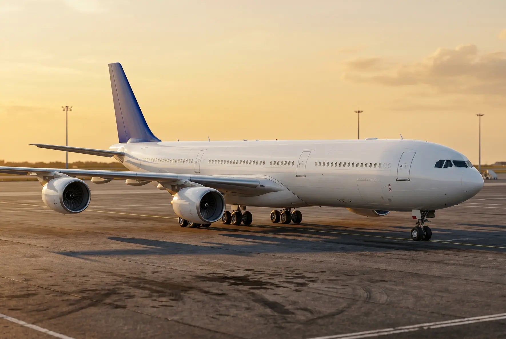 Airbus A340-600 aircraft parked on an airport tarmac at sunset, showcasing its four engines and long fuselage.