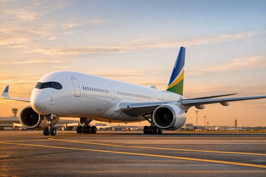 Airbus A350-900ULR on the tarmac at sunset, featuring sleek design and modern engines, with a vibrant tail fin against a clear sky.