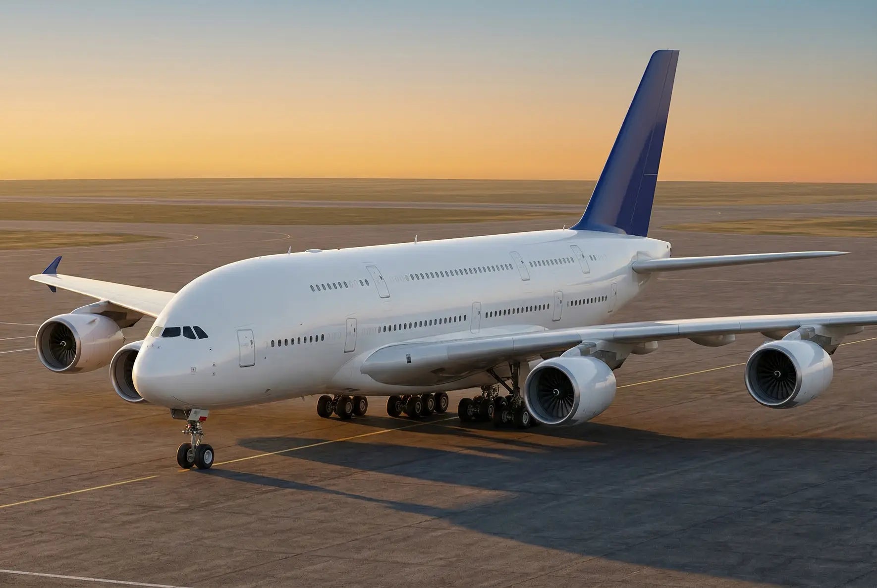 An Airbus A380-800 airplane on the tarmac during sunset, featuring its large engines and distinctive double-deck fuselage.
