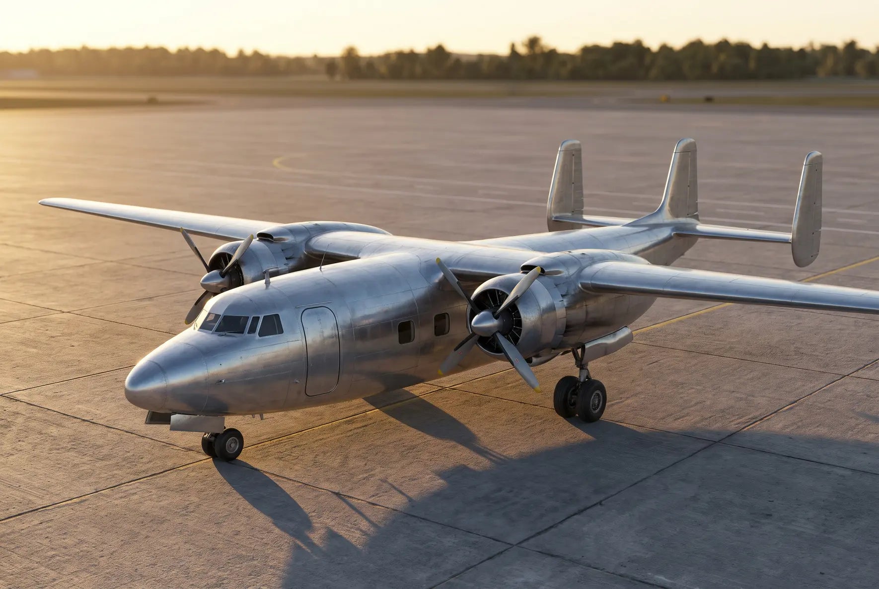 A vintage Airspeed Ambassador aircraft with shiny metal exterior parked on a sunlit runway with trees in the background.