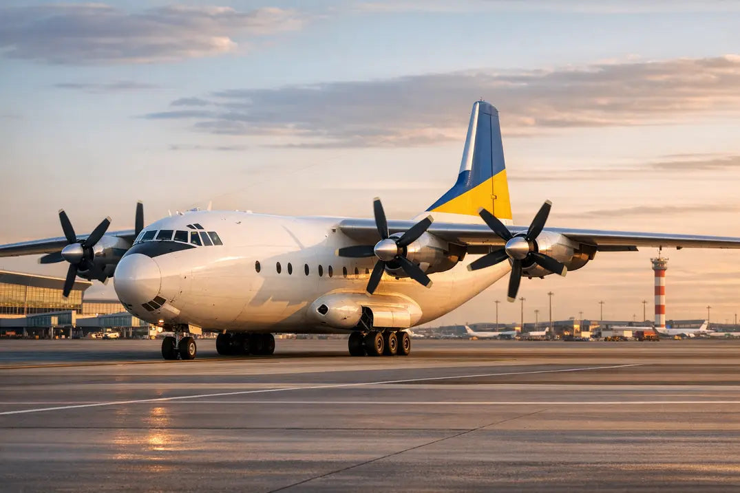 Antonov An-10 aircraft on tarmac at sunset with four propellers visible and airport terminal in the background.