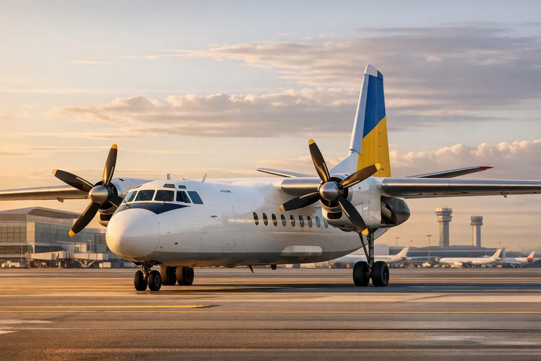 Antonov An-24RV turboprop aircraft with blue and yellow tail parked on airport tarmac at sunset, with terminal and control towers in background.