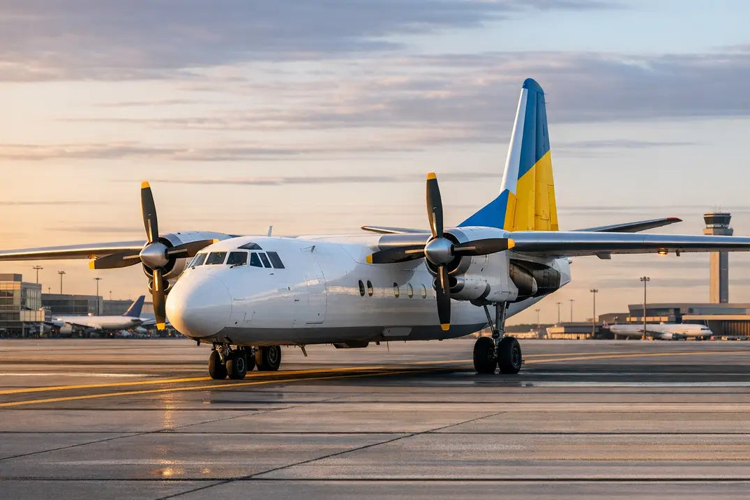 Antonov An-26 military transport aircraft with blue and yellow tail parked on airport tarmac during sunset, with terminal and control tower in background.