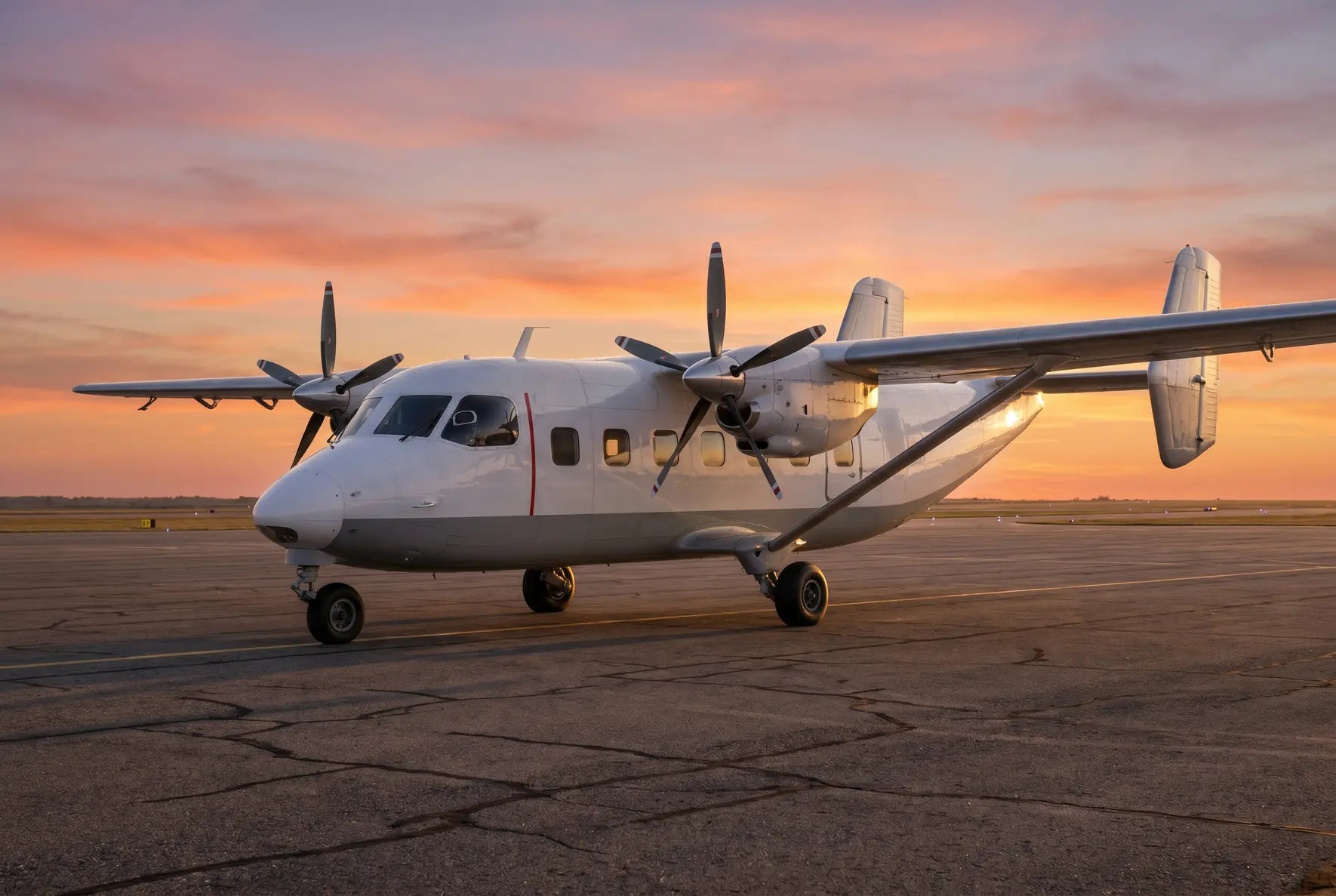 An Antonov An-38 aircraft parked on a runway during sunset, with a vibrant sky and propellers visible.