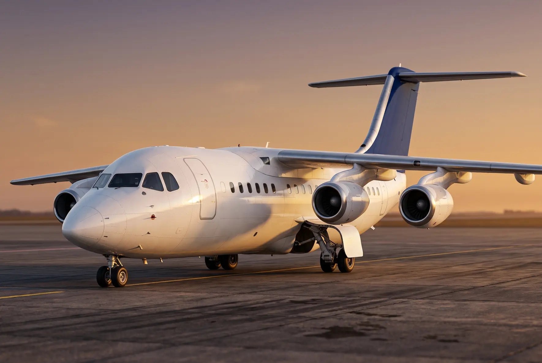 A parked BAe 146-100 aircraft on an airport runway during sunset, showcasing its four-engine configuration and distinctive T-tail.