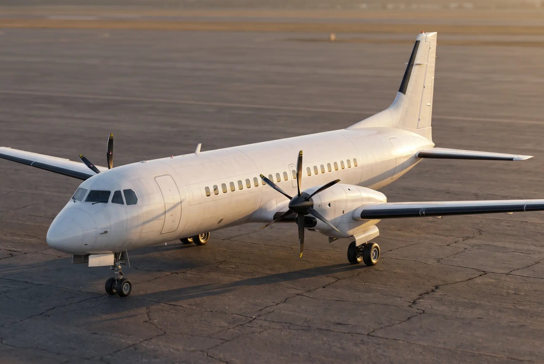A BAe ATP aircraft on the tarmac, featuring twin turboprop engines and a white fuselage under a clear sky.