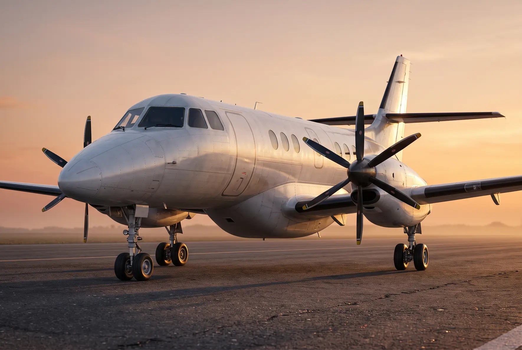 A BAe Jetstream 41 twin-engine turboprop aircraft on the tarmac at sunrise with propellers visible and sunlight reflecting off its fuselage.