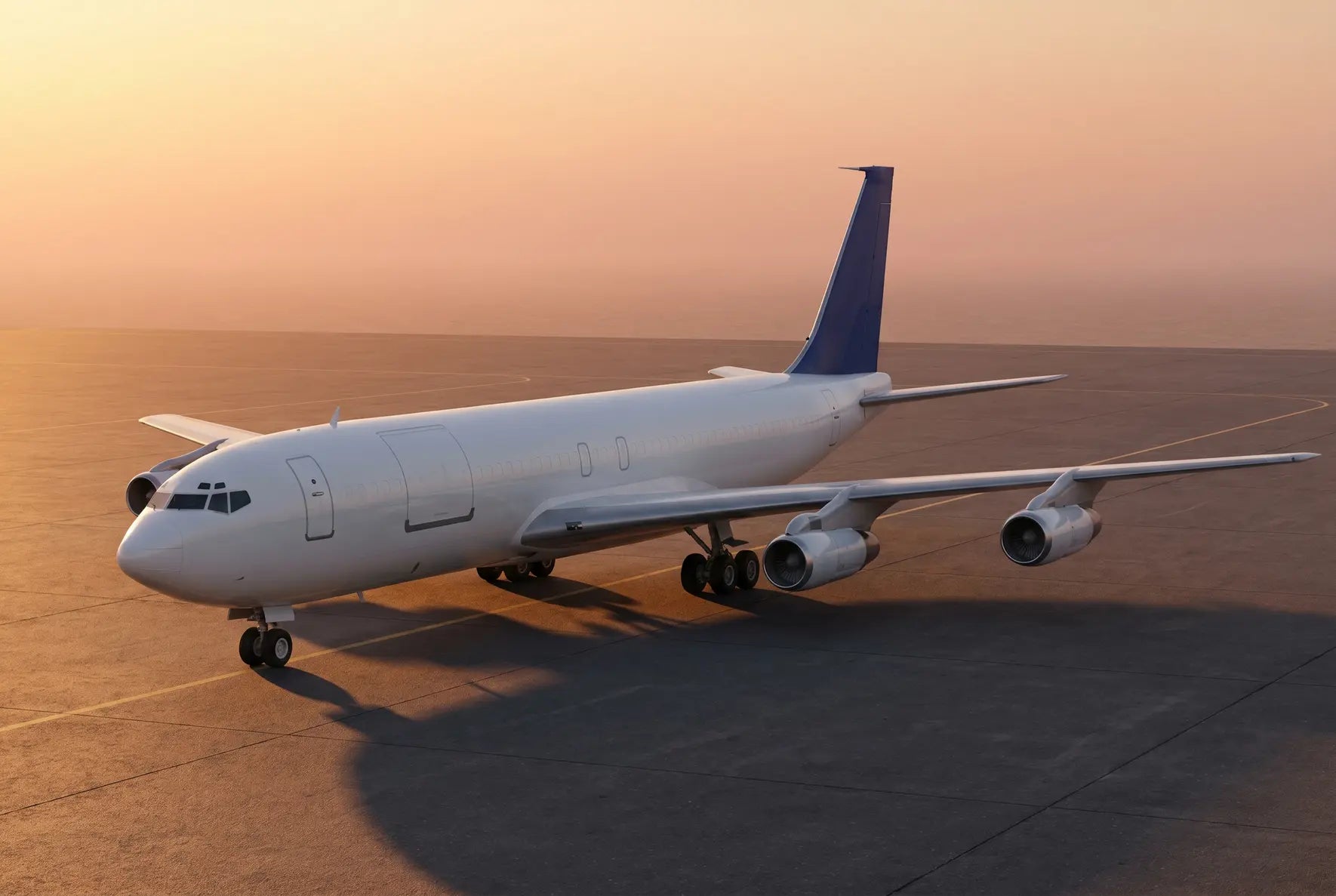 Boeing 707-320C aircraft parked on an airport tarmac at sunrise, with visible engines and a clear sky in the background.