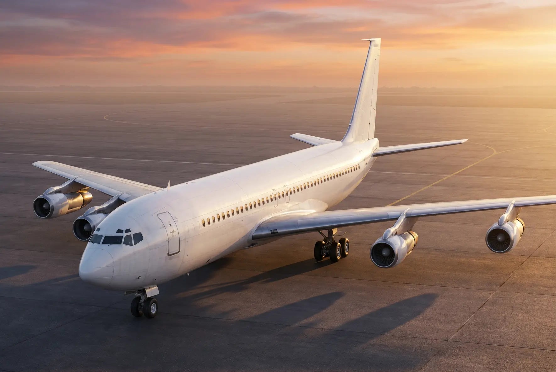A Boeing 707-320 jet airplane parked on an empty runway at sunset, with a clear sky in the background.