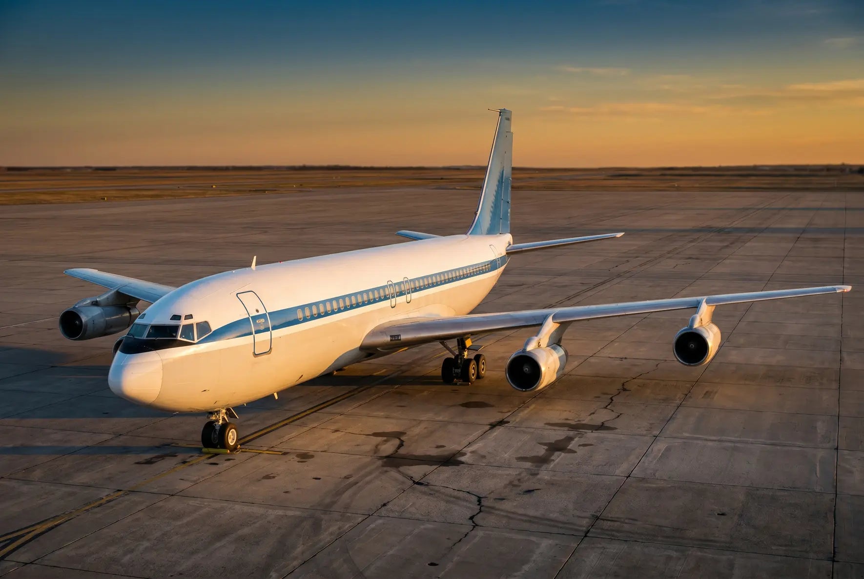 A Boeing 720 airplane parked on a deserted airport tarmac during sunset, with a clear sky in the background.