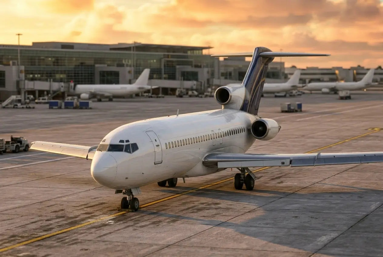 A Boeing 727-100 aircraft on the tarmac at sunset with a control tower in the background.