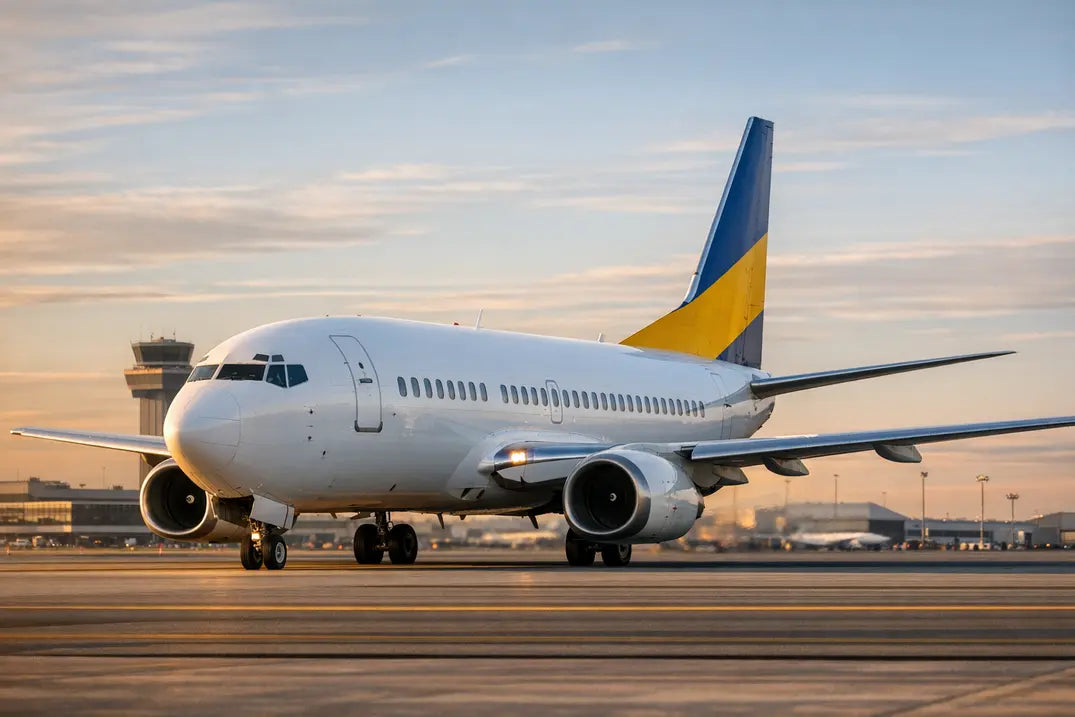 Boeing 737-300 aircraft taxiing on the runway at an airport during sunrise, with a control tower and terminal buildings in the background.