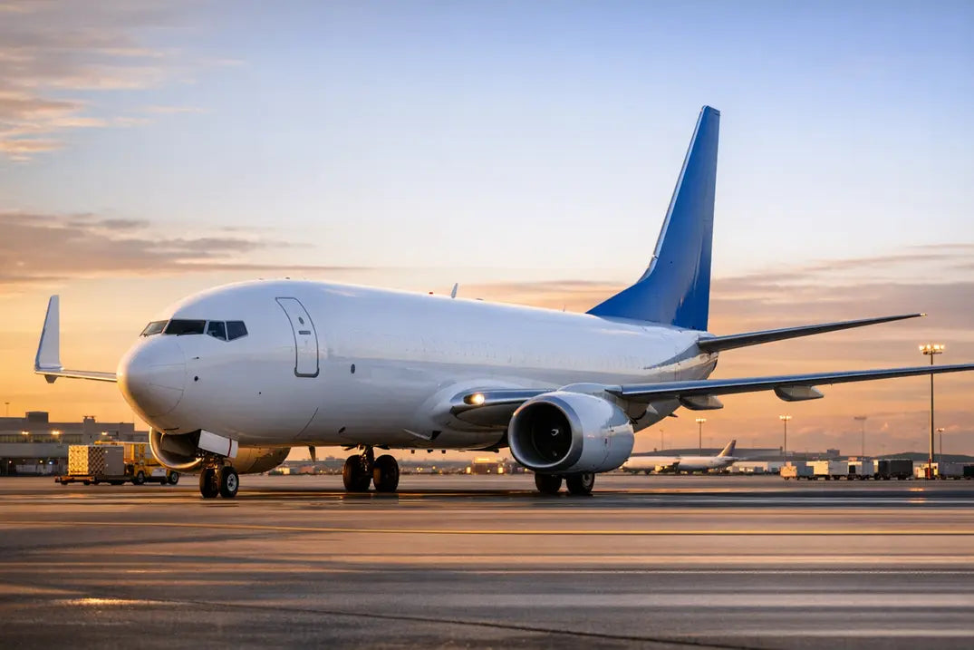 Boeing 737-800BCF parked on airport runway at sunrise, with cargo facilities and a clear sky in the background.