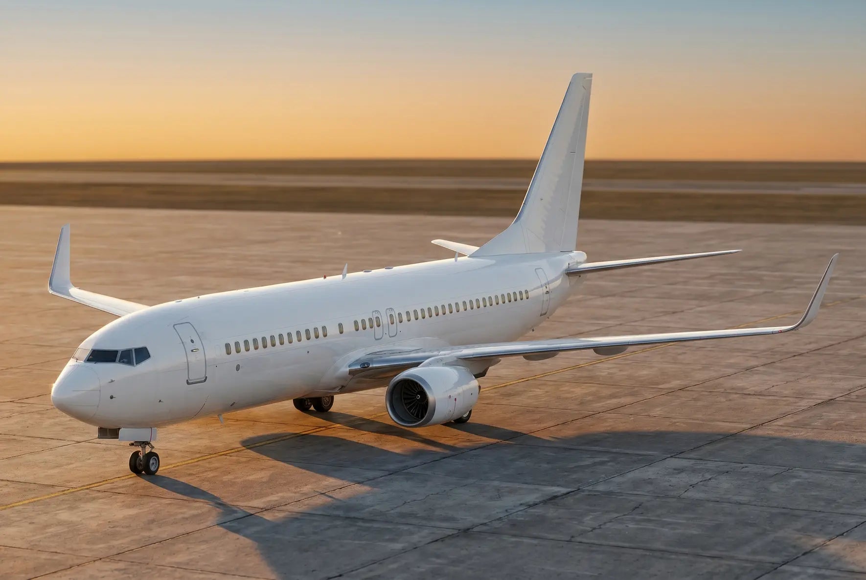 Boeing 737-800 aircraft parked on an airport runway during sunset with a clear sky in the background.