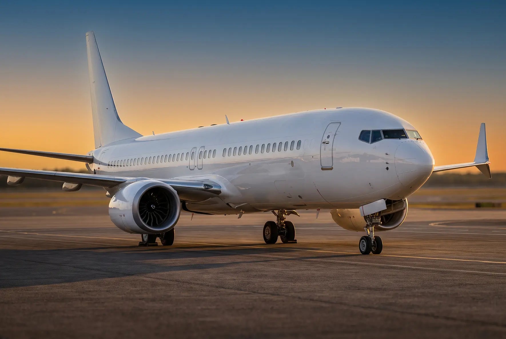 A Boeing 737 MAX 10 parked on an airport runway at sunset, with its engines and landing gear visible.