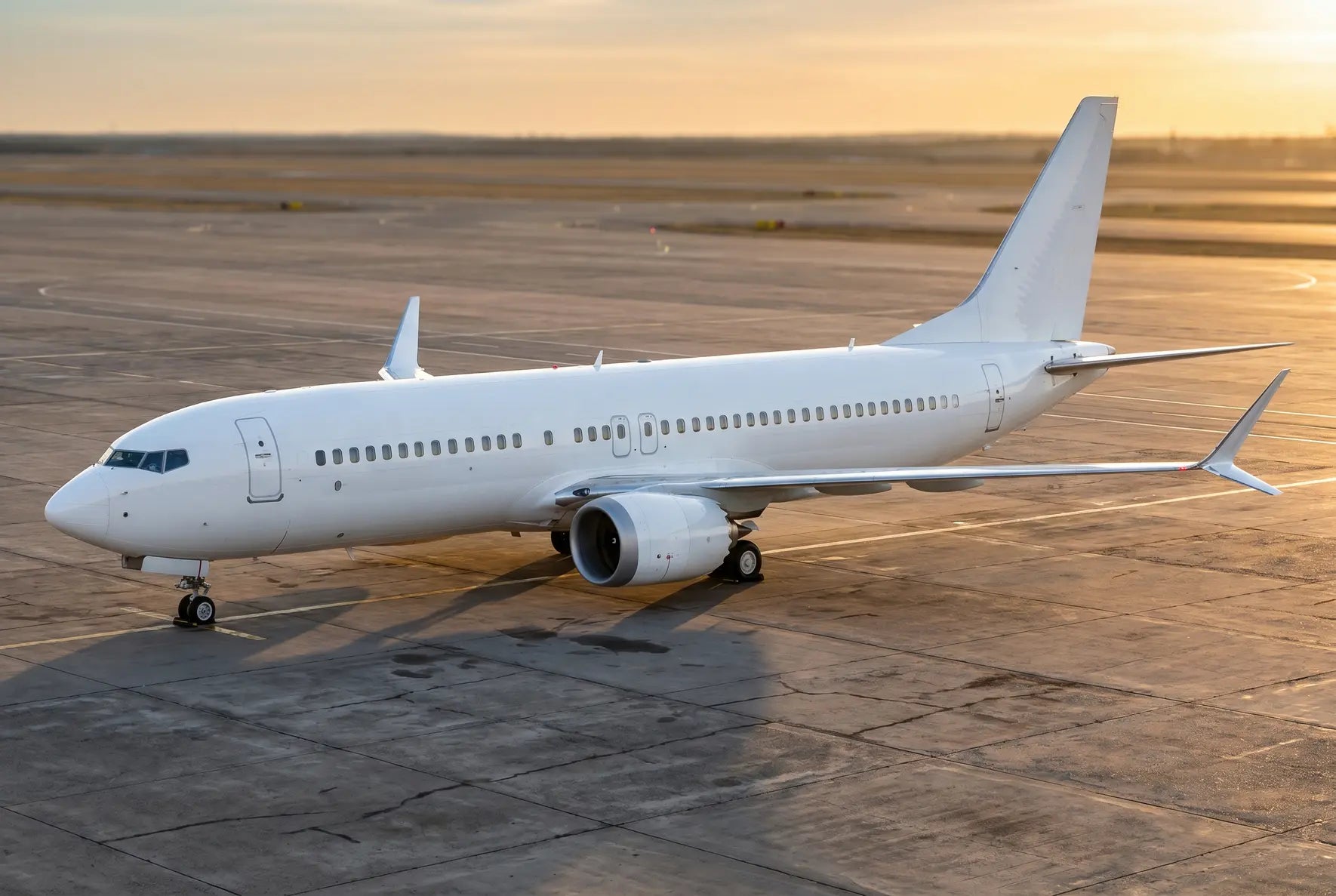 A white Boeing 737 MAX 8 airplane parked on an airport tarmac during sunset.