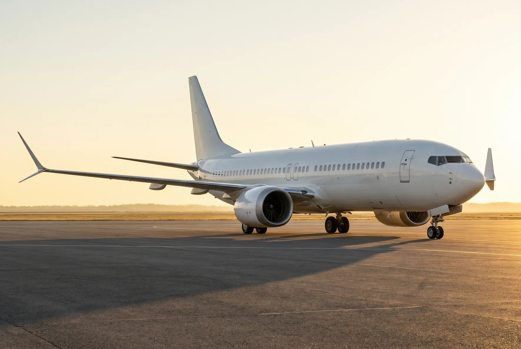 A Boeing 737 MAX 9 airplane parked on an airport tarmac at sunset with a clear sky in the background.