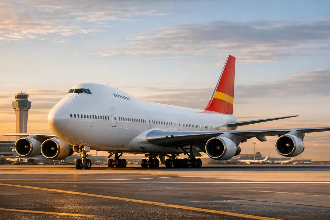 A Boeing 747-100B commercial jet on the tarmac at sunrise with an airport control tower in the background.