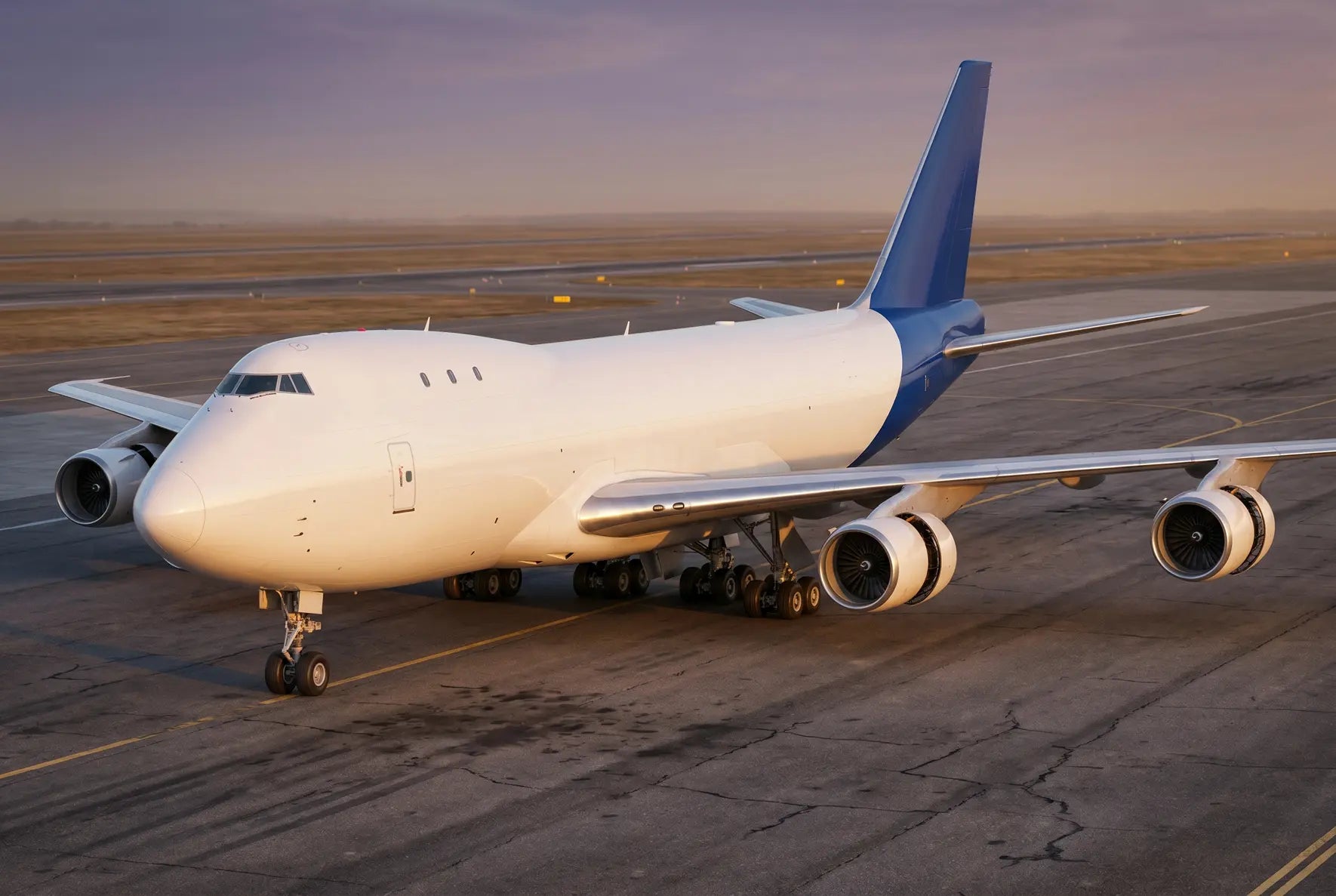 A Boeing 747-100 airplane parked on an airport tarmac during sunrise, featuring a blue tail and white fuselage.