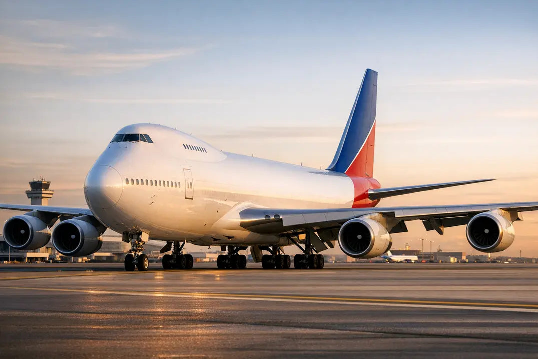A Boeing 747-200C cargo aircraft on the tarmac at sunrise, showing its four engines and distinctive hump-shaped upper deck.