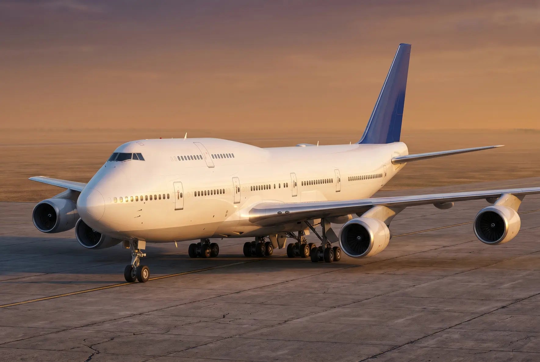 Boeing 747-400D taxiing on a runway at sunset, featuring its four engines, large wings, and distinctive hump on the upper deck.