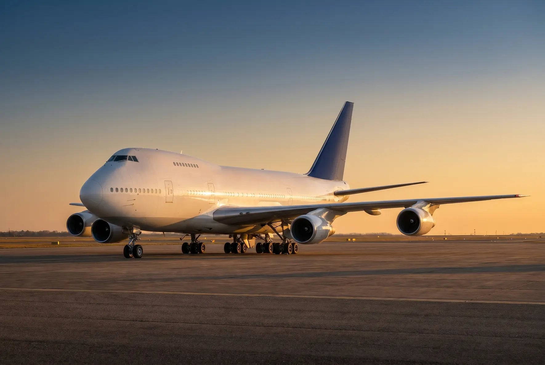 Boeing 747SP jet parked on a runway during sunrise, highlighting its sleek design and four engines.