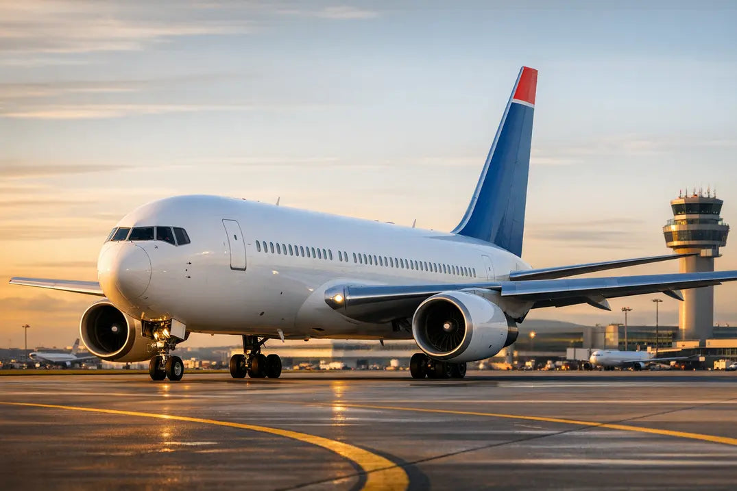 A Boeing 767-200ER passenger airplane taxiing on the runway at an airport during sunset, with the control tower visible in the background.