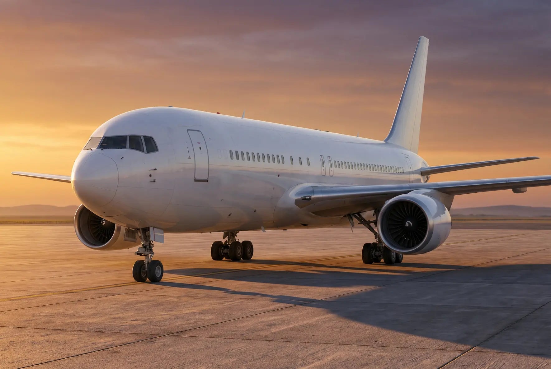 A Boeing 767-200 aircraft parked on a runway at sunset, with a warm sky and visible engine.
