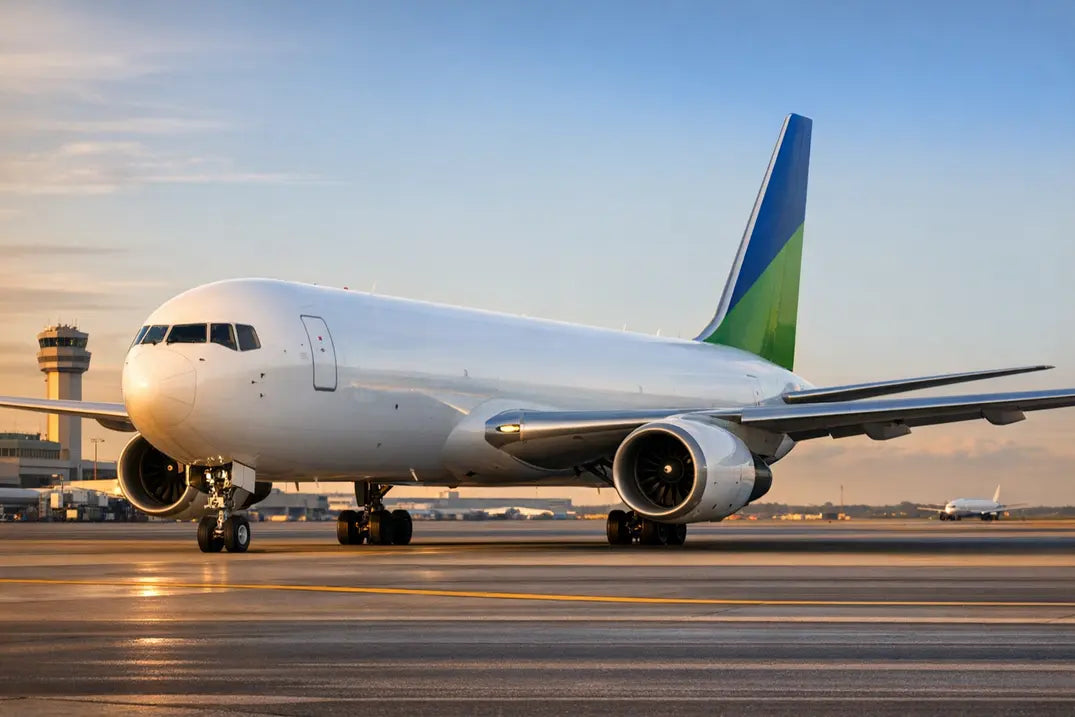 A Boeing 767-300F cargo plane on a runway at an airport during sunset, with a control tower in the background.