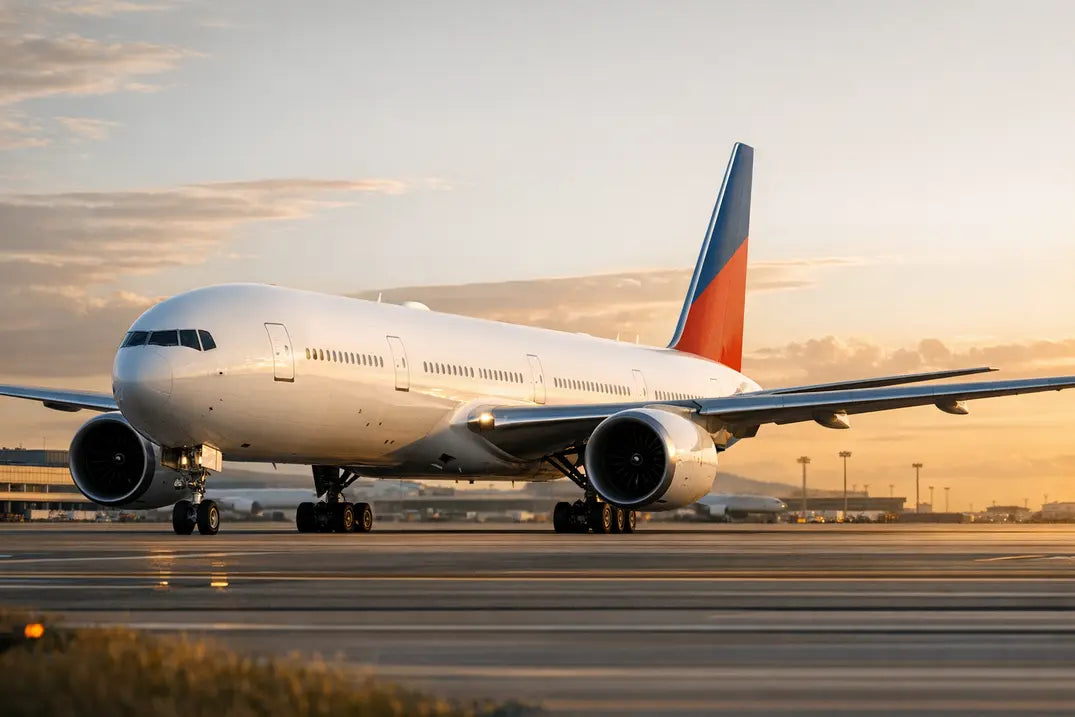 Boeing 777-300ER jet airplane on the runway at sunset with terminal buildings in the background.