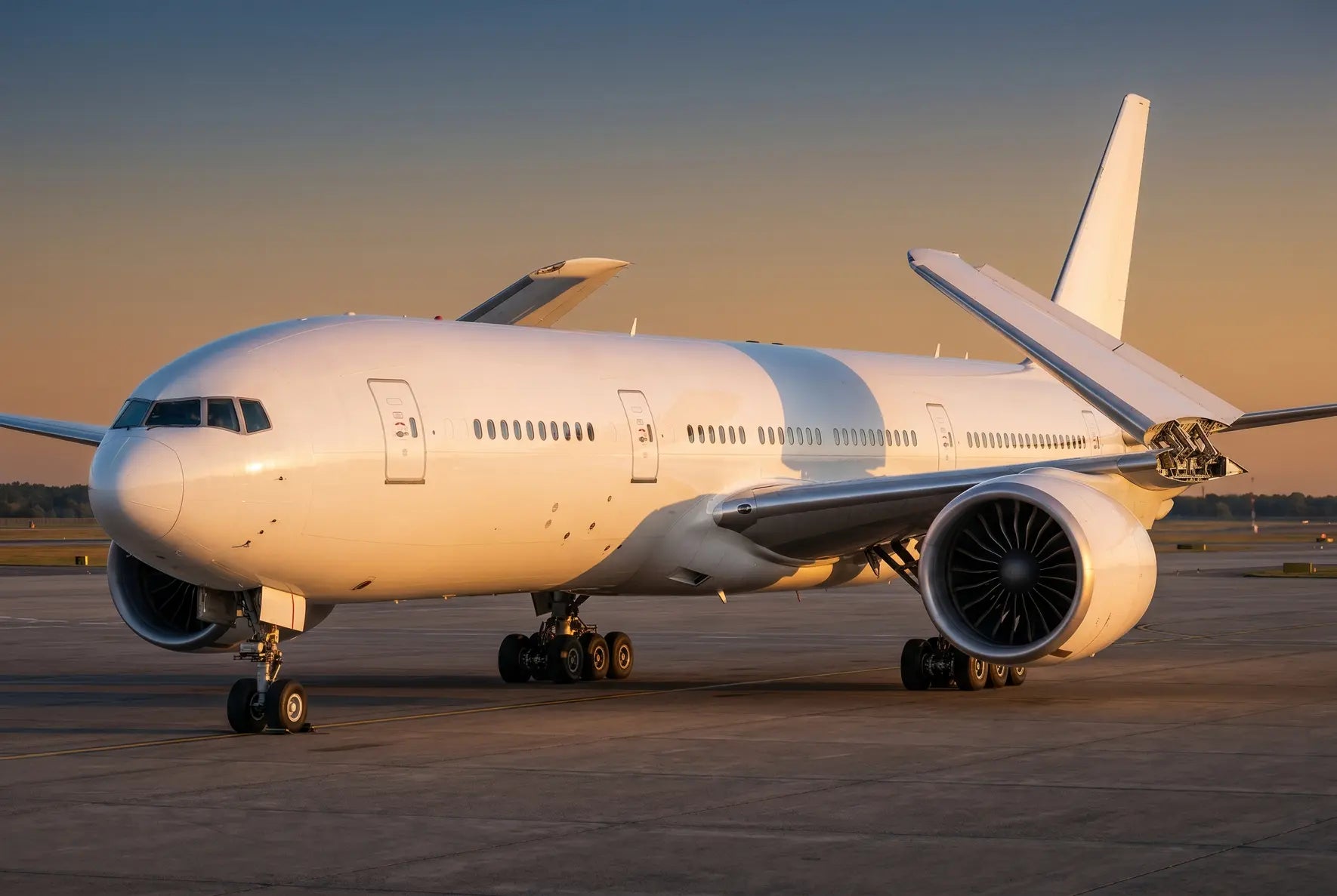 A Boeing 777-9 aircraft stationary on a runway during sunset, with its massive engines and extended wings prominently visible.