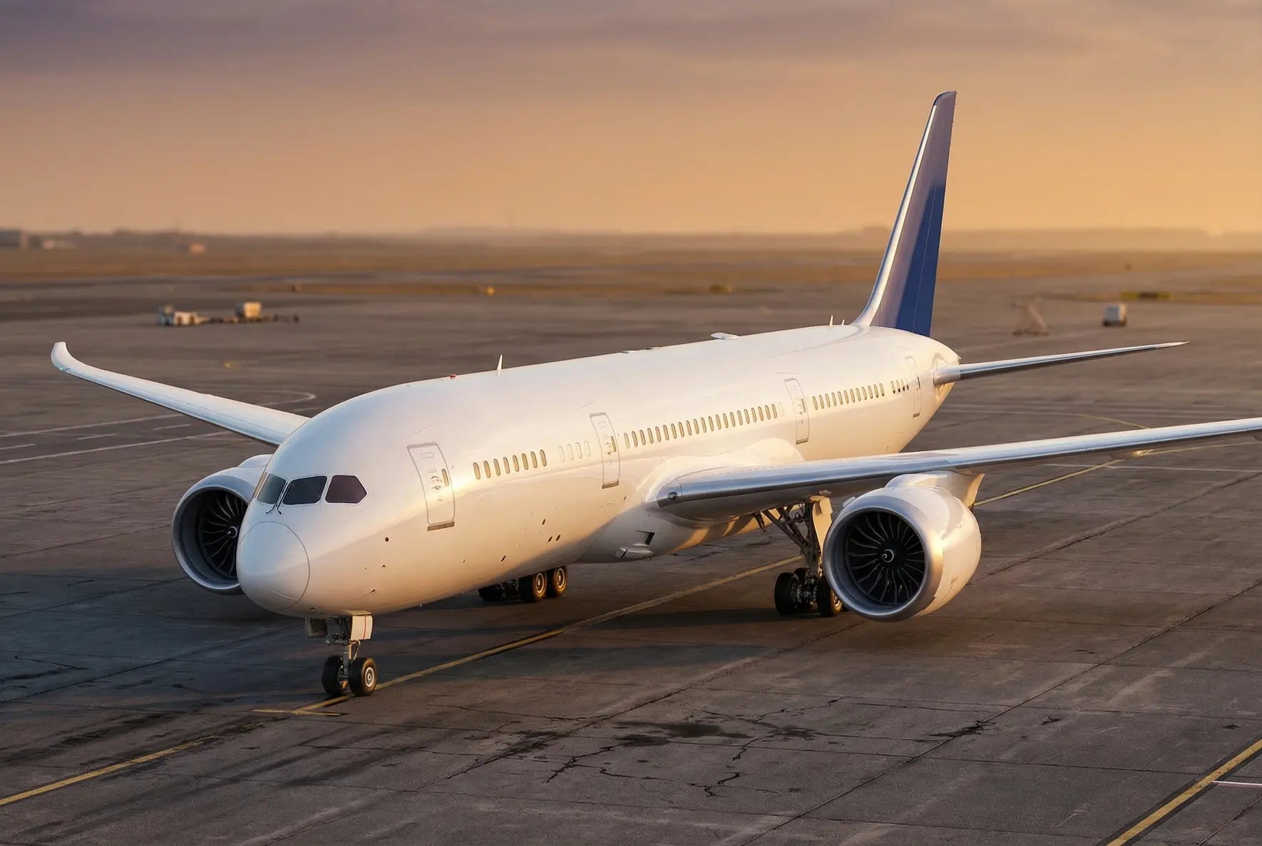 A Boeing 787-10 airplane parked on the tarmac at sunset, displaying its sleek fuselage and twin engines.