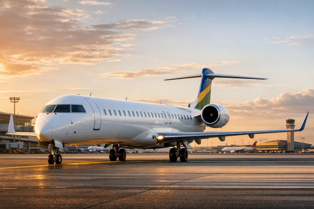 Bombardier CRJ1000 regional jet parked on an airport tarmac at sunset with terminal and control tower in the background.