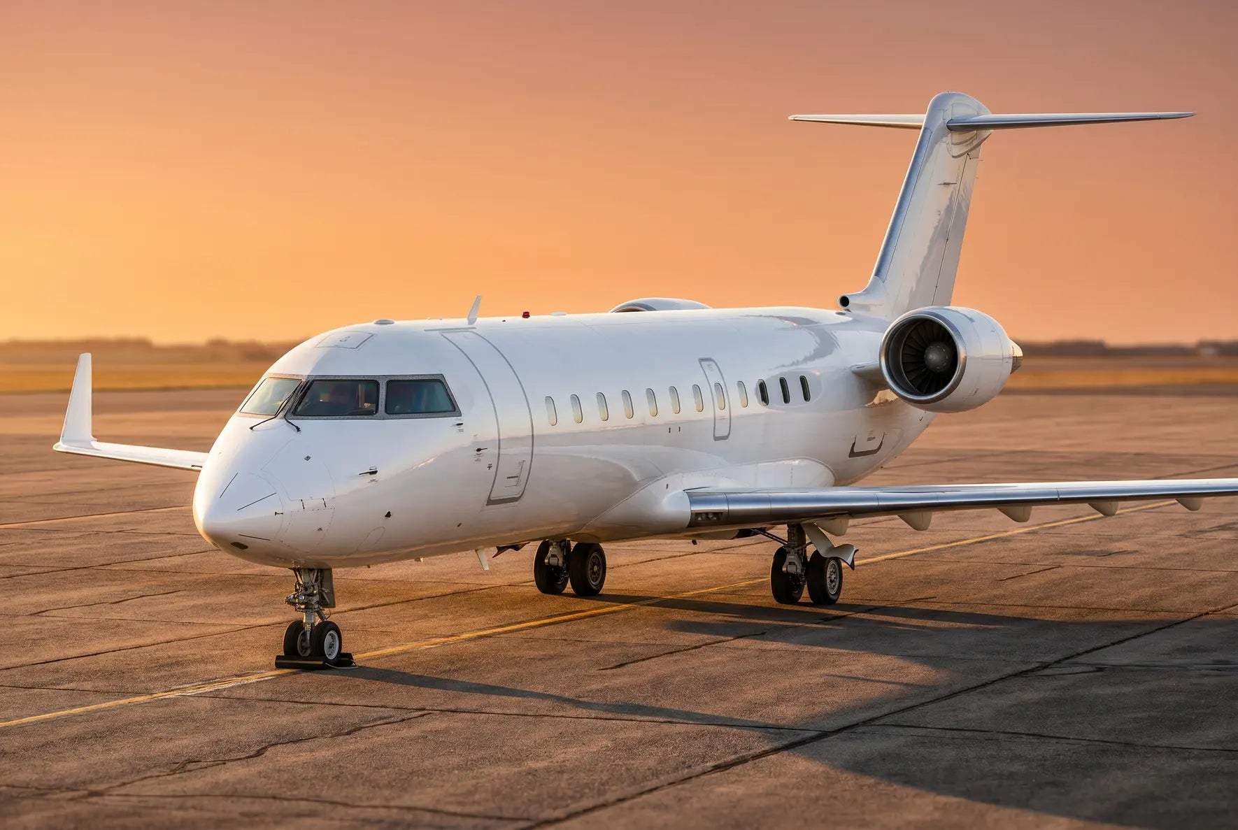 Bombardier CRJ200 jet parked on an airport tarmac at sunset, with a clear view of its cockpit, engines, and tail fin.