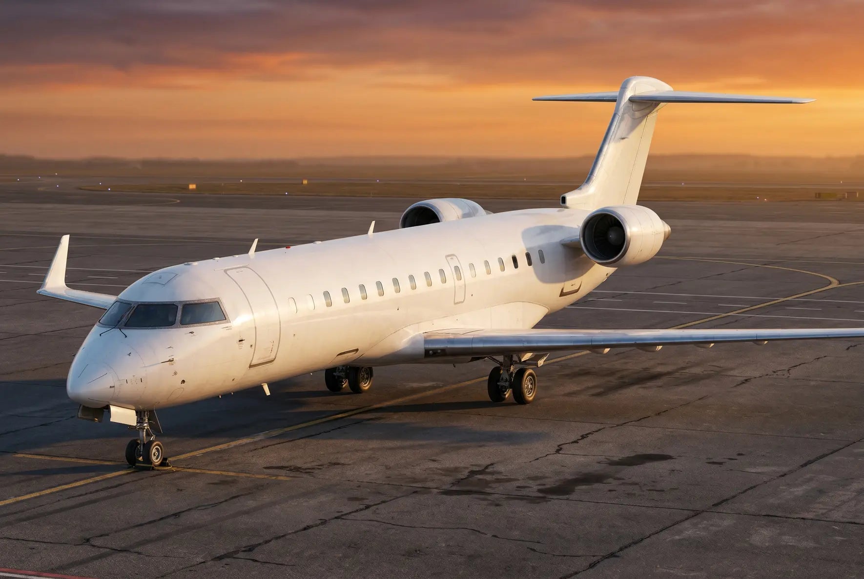 A Bombardier CRJ900 aircraft parked on an airport tarmac during sunset, showcasing its sleek design and twin engines.