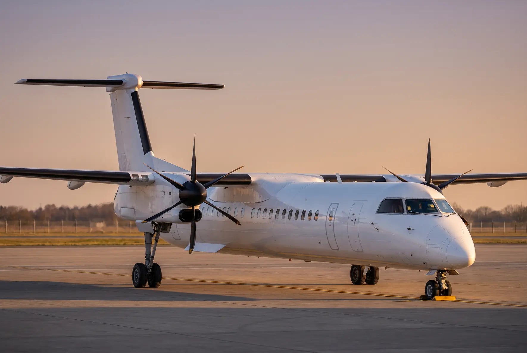 A Bombardier Dash 8 Q400 airplane parked on a runway at sunset, showcasing its twin turboprop engines and sleek design.