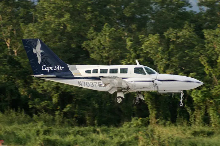 A Cape Air aircraft in flight against a backdrop of lush green trees, displaying the airline's logo on its tail.