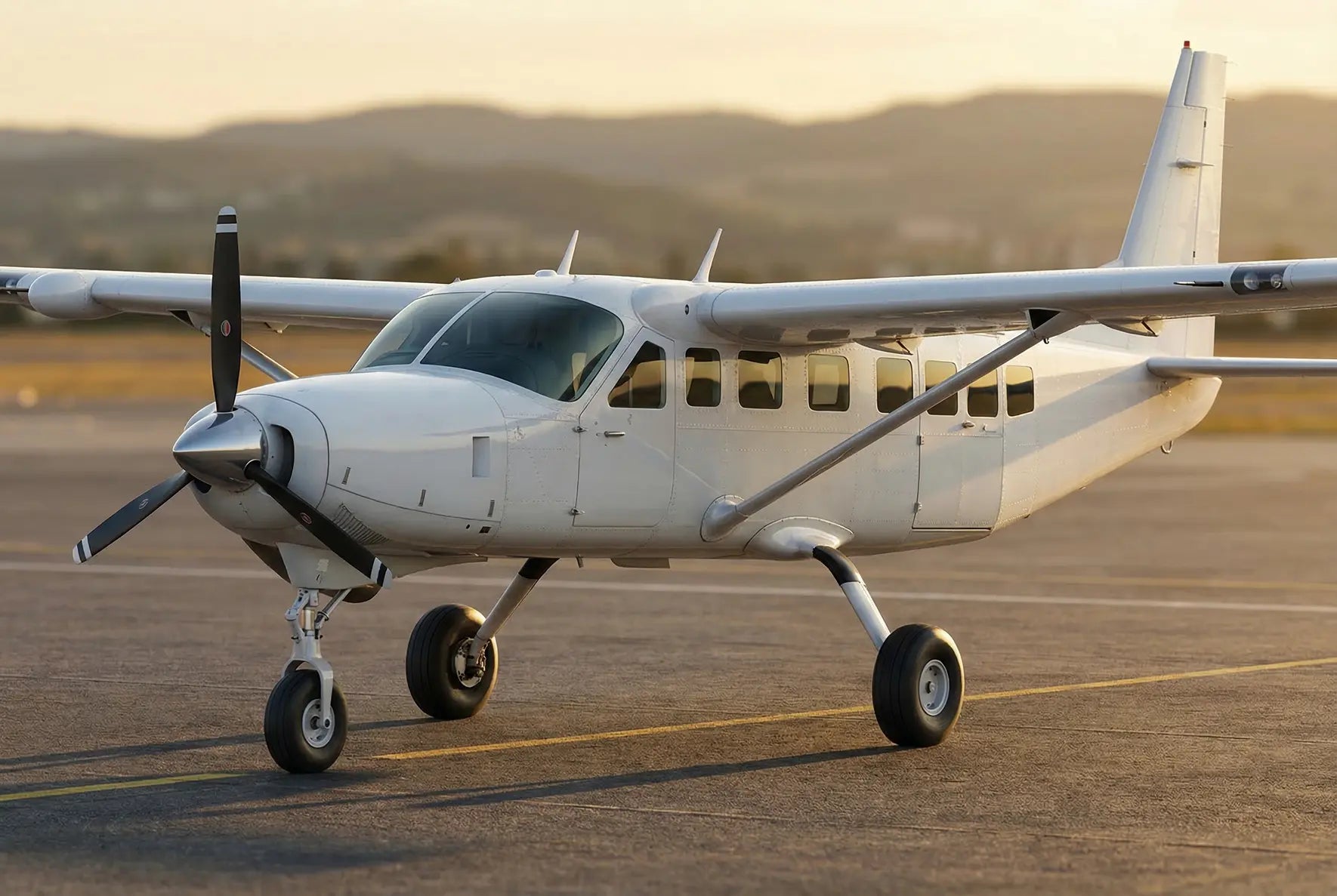 A Cessna 208 Caravan aircraft parked on a runway with a mountainous background at sunset.