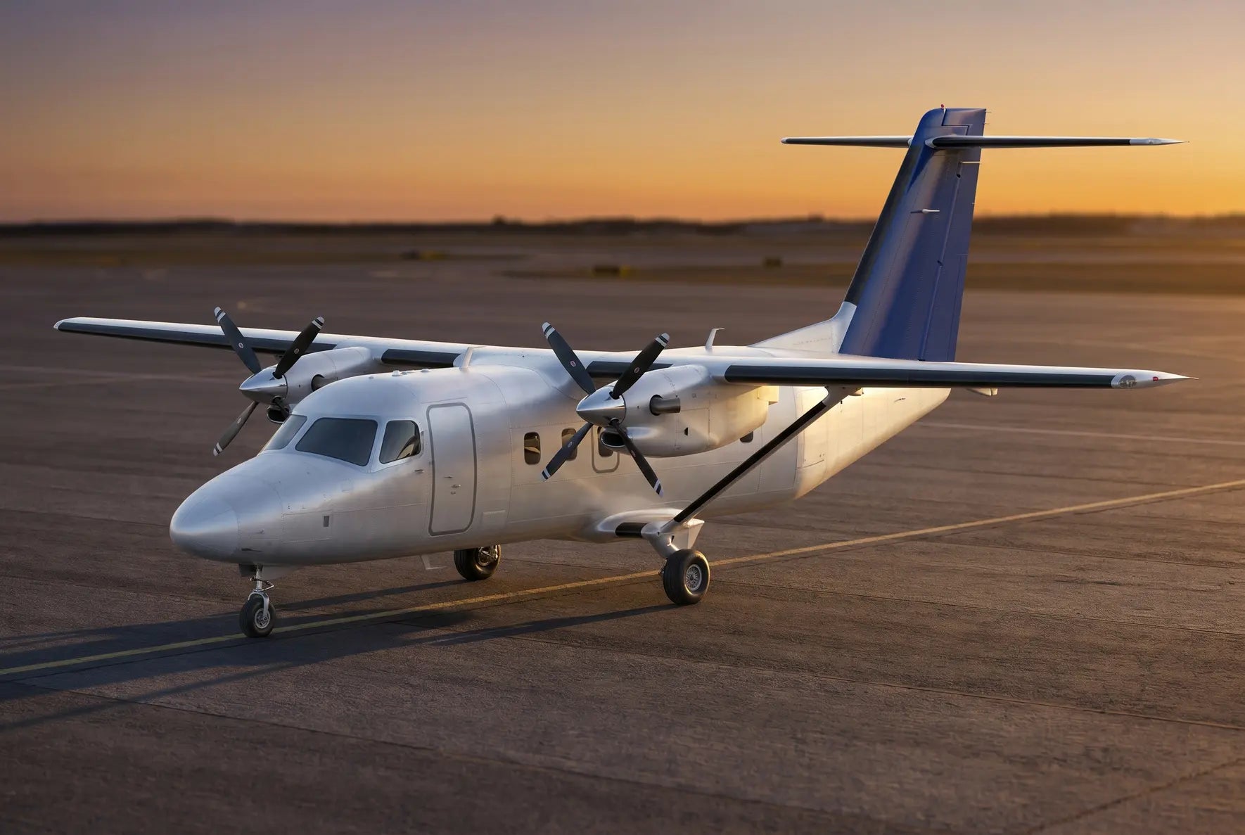 A Cessna 408 SkyCourier aircraft parked on a tarmac at sunset, highlighting its twin engines and sleek design with a clear sky in the background.