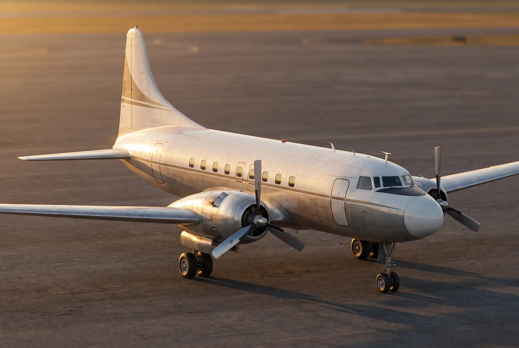 A Convair CV-440 aircraft on the tarmac, captured during sunset with light reflecting off its fuselage, highlighting its propellers and windows.